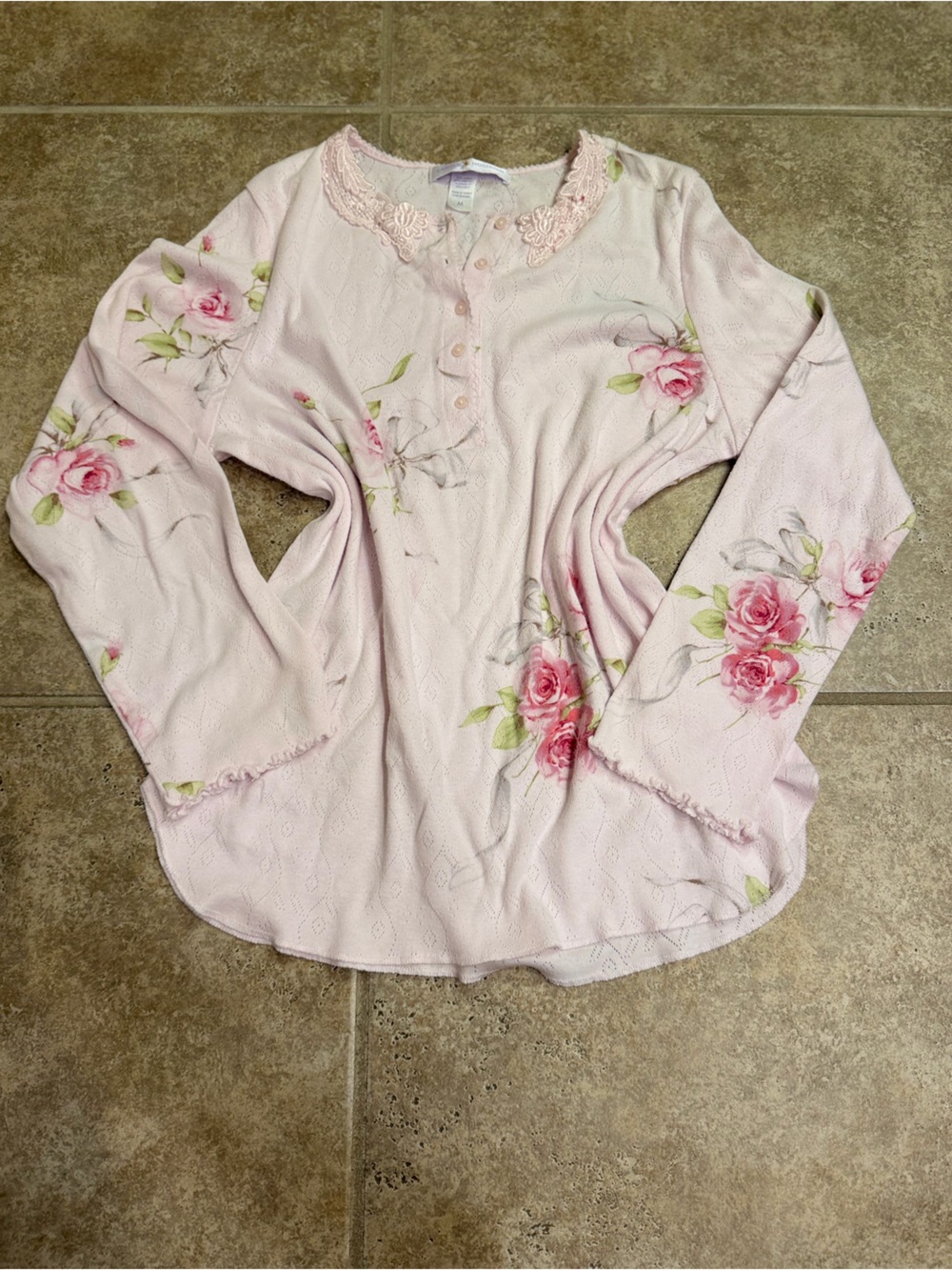 Carole Hochman Pink Rose Floral Pointelle Lace Top M